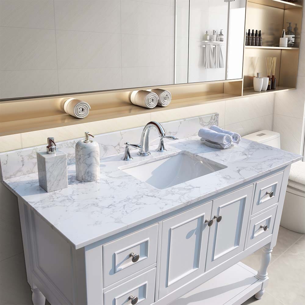 Giving Tree 43‘’x22&quot; bathroom stone vanity top engineered stone carrara white marble color with rectangle undermount ceramic sink and 3 faucet hole with back splash