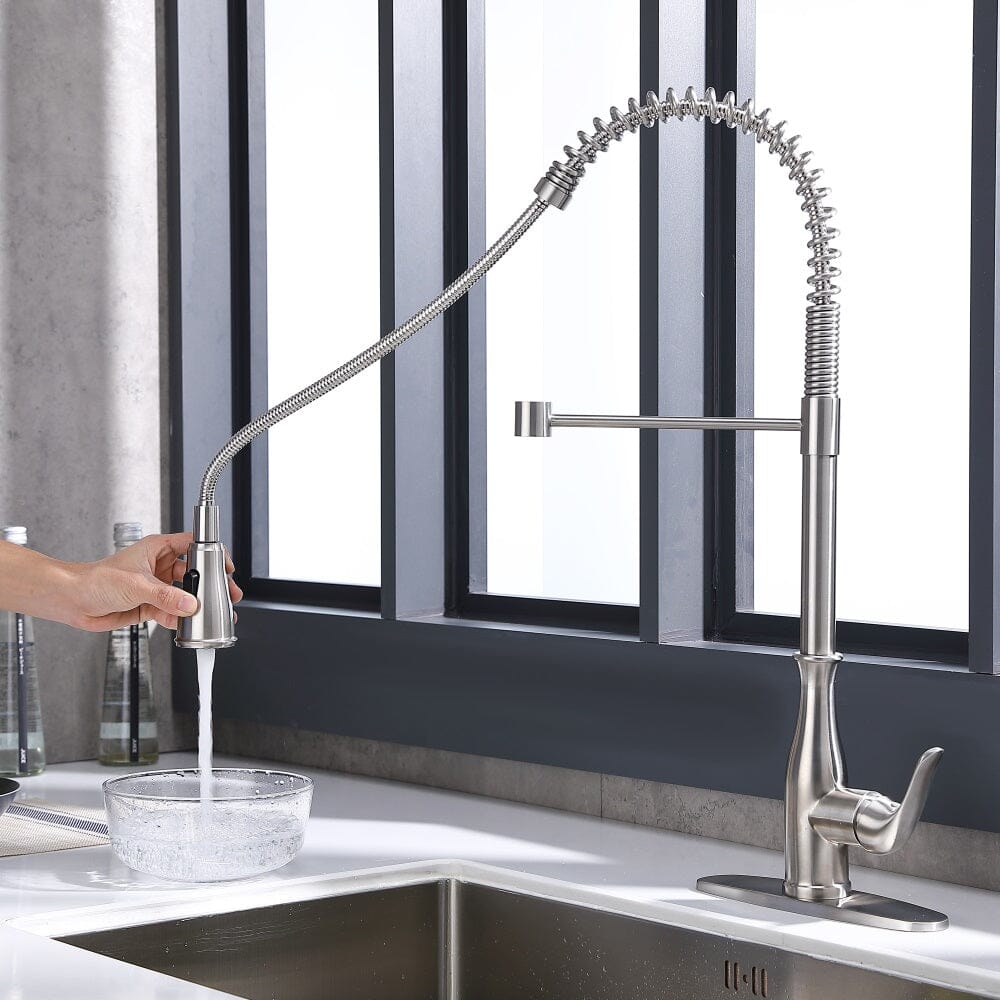 2-Function Kitchen Sink High Arc Faucet with Pull Down Spring Spout Brushed Nickel