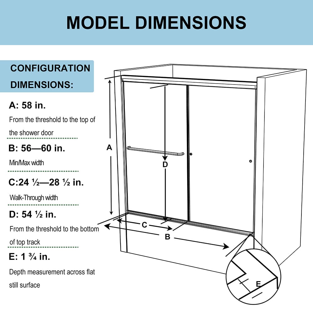 56-60&quot;W x 58&quot;H Shower Door Traditional Two-way Sliding with Handle