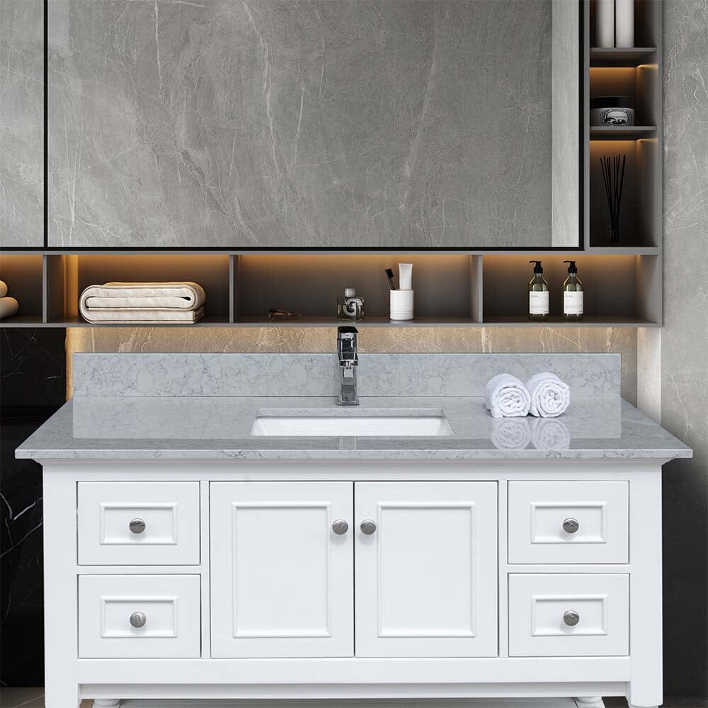 Giving Tree 43 inches bathroom stone vanity top calacatta gray engineered marble color with undermount ceramic sink and single faucet hole with backsplash