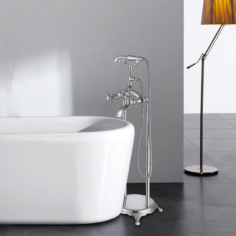 Brushed Nickel Retro Independent Freestanding Tub Filler Faucet with Hand Shower