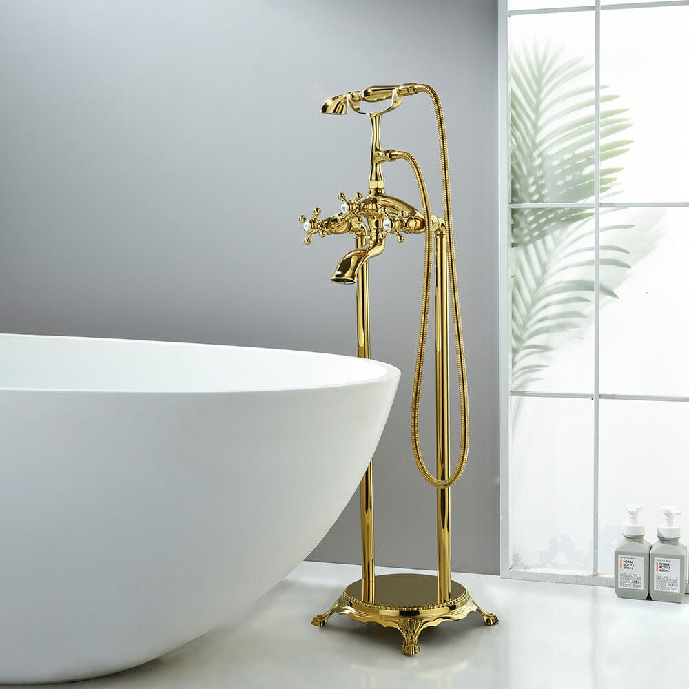 Modern Style Floor Mounted Tub Shower Faucets Unique Design Single Handle  Brass Tub Filler Home Bathroom Free Standing Bathtub Shower Taps, Gold  Finish 