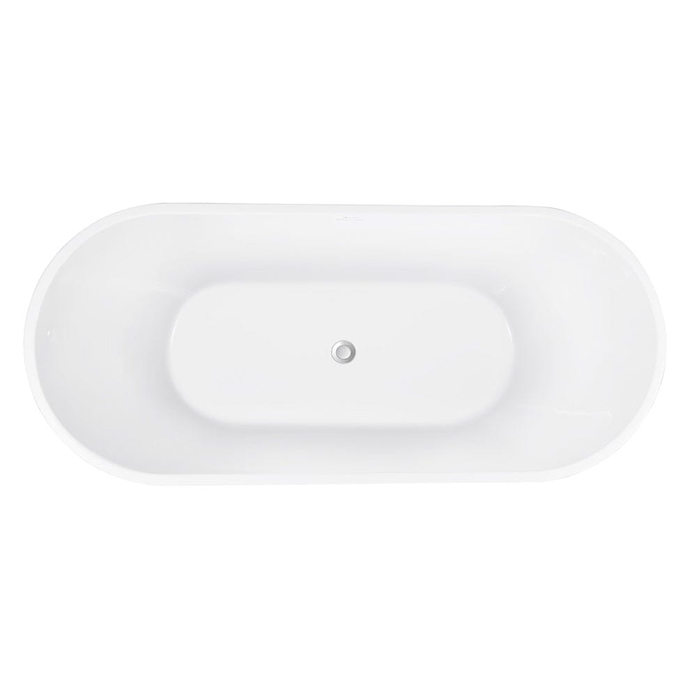Top view of center drain in blue freestanding soaking tub