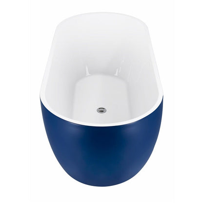 Edge detail of blue center drain freestanding soaking tub