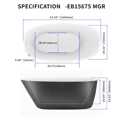 Mokleba 63&quot; Acrylic End Drain Freestanding Tub with Pop-up Drain