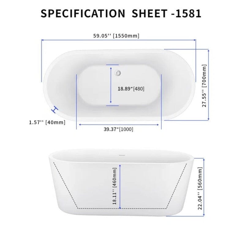 59 in. Acrylic Flatbottom Bathtub with Freestanding Drain Glossy White