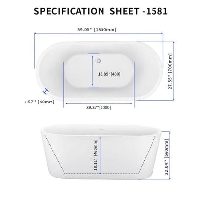 Mokleba 59 in. Acrylic Flatbottom Bathtub with Freestanding Drain Glossy White