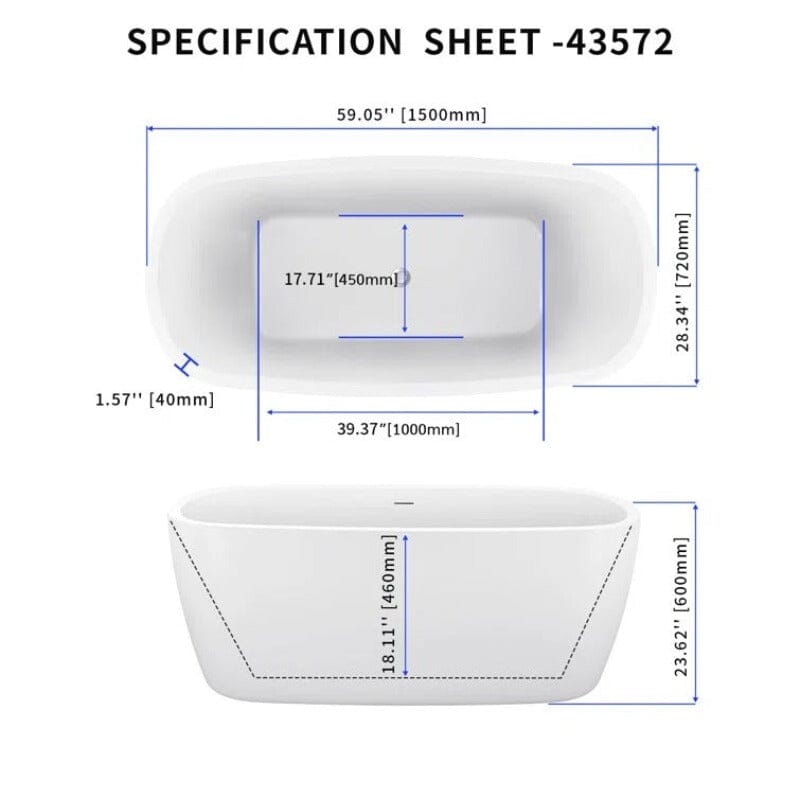 59&quot; Acrylic Square Shape Freestanding Soaking Tub with Overflow &amp; Drain