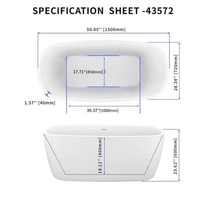 59&quot; Acrylic Square Shape Freestanding Soaking Tub with Overflow &amp; Drain