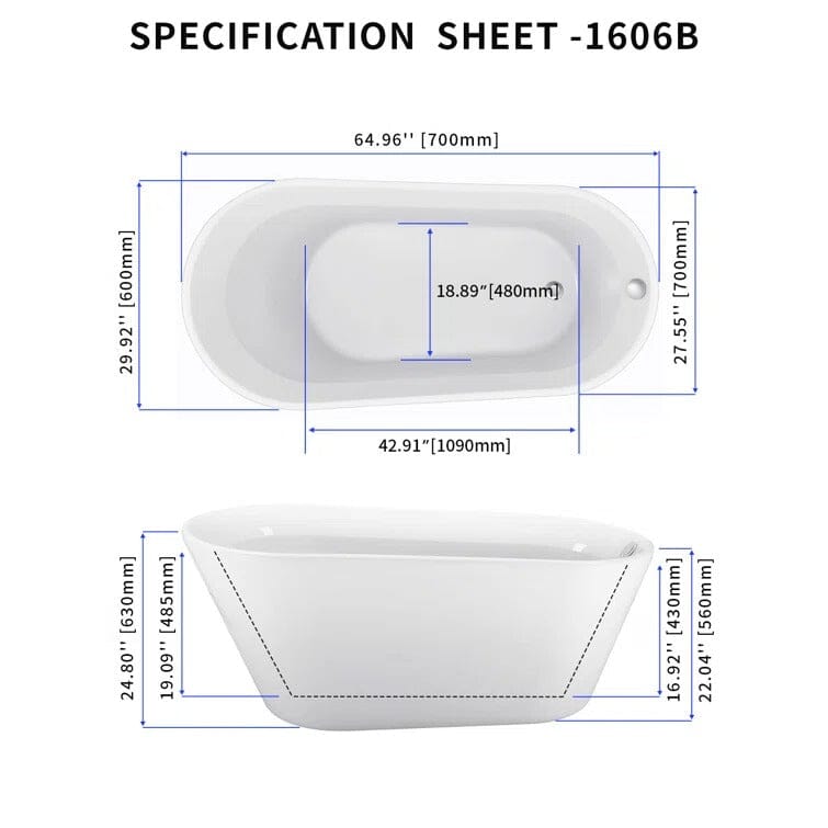 65&quot; Acrylic Slipper Flatbottom Freestanding Soaking Bathtub in Glossy White