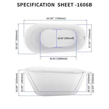 Mokleba 65&quot; Acrylic Slipper Flatbottom Freestanding Soaking Bathtub in Glossy White