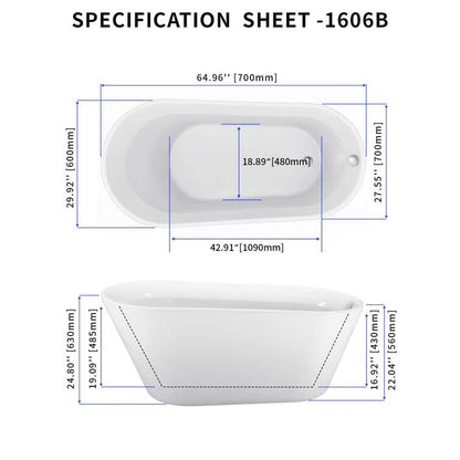 65&quot; Acrylic Slipper Flatbottom Freestanding Soaking Bathtub in Glossy White