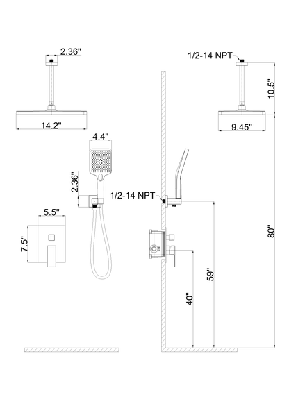 Shower Set 14.2&quot; Rectangular Ceiling Shower Head with 3 Functions Hand Shower