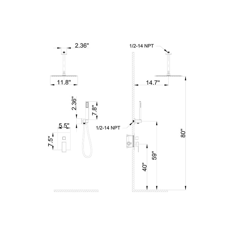 12&quot; Ceiling Mounted Square Shower Systems with Head Shower &amp; Hand Shower Combo Set