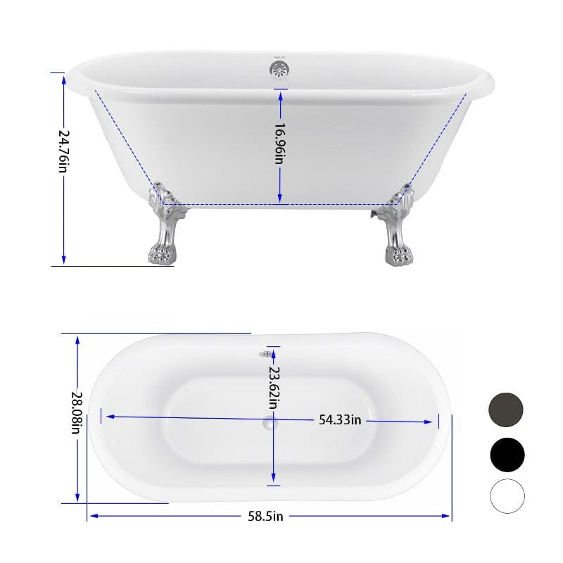 White 59&quot; Double Ended Clawfoot Tub Overall Dimensions Description