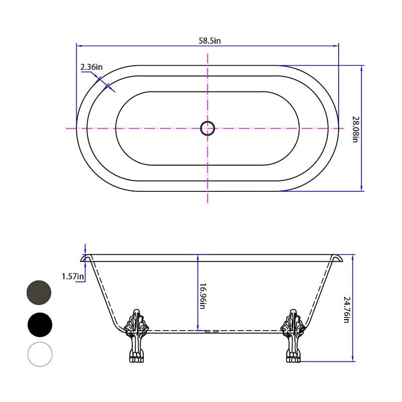 White 59&quot; Double Ended Clawfoot Tub Overall Dimensions Outline