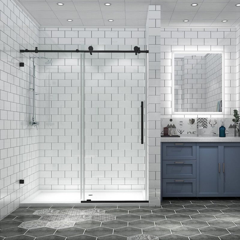 56-60&quot;W x 74&quot;H Frameless Explosion-proof Glass Bathroom Shower Door Two-way Sliding Black