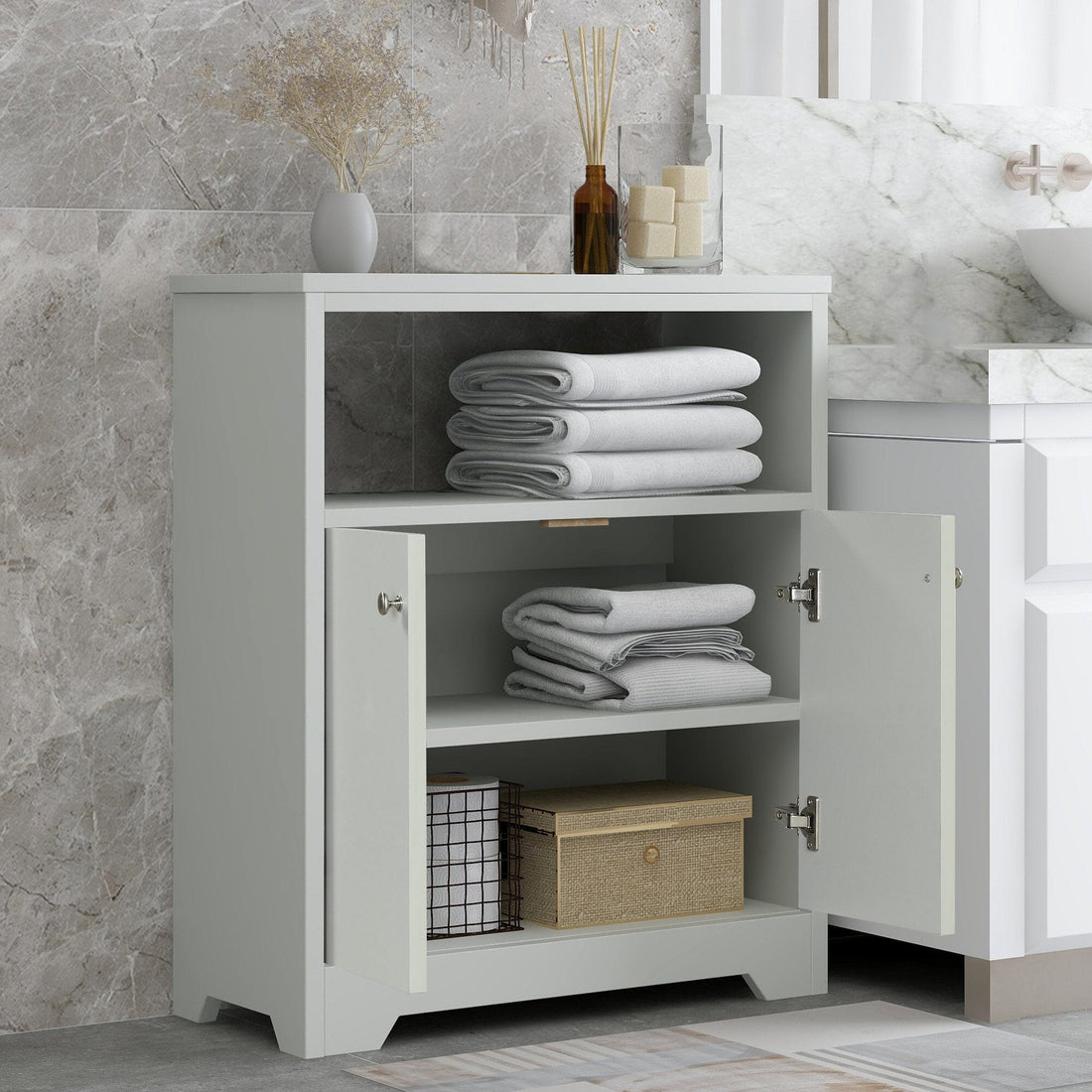 Giving Tree Grey Bathroom Storage Cabinet with Adjustable Shelves, Freestanding Floor Cabinet for Home Kitchen, Easy to Assemble