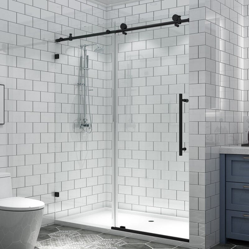 56-60&quot;W x 74&quot;H Frameless Explosion-proof Glass Bathroom Shower Door Two-way Sliding Black