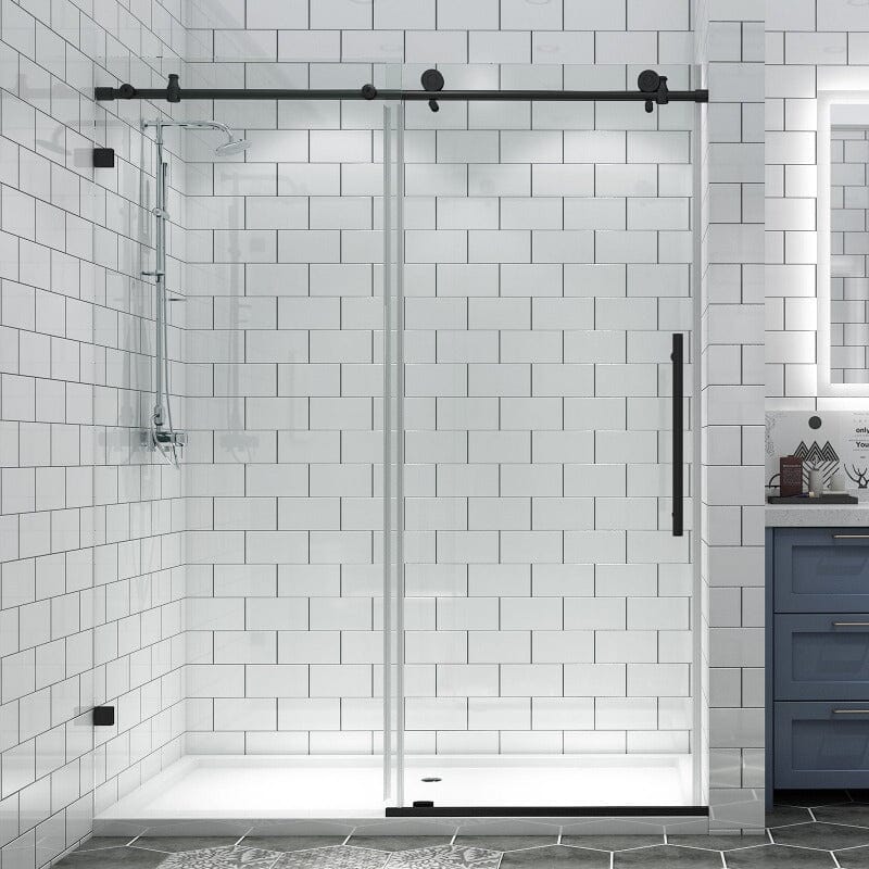 56-60&quot;W x 74&quot;H Frameless Explosion-proof Glass Bathroom Shower Door Two-way Sliding Black
