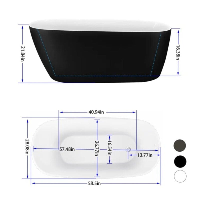 59 inch black acrylic single slipper bathtub size details